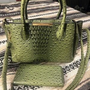 Olive Green Textured Satchel Handbag with Matching Wallet
